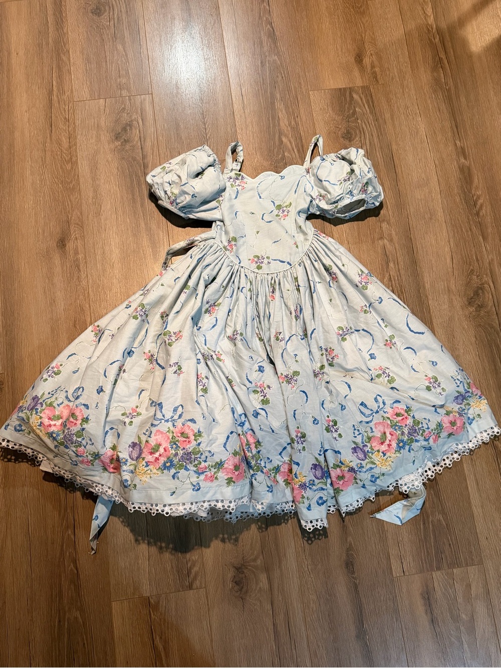 Vintage Daisy Kingdom Blue Floral Puff Sleeve Dress Girls 8 90’s Lace Victorian